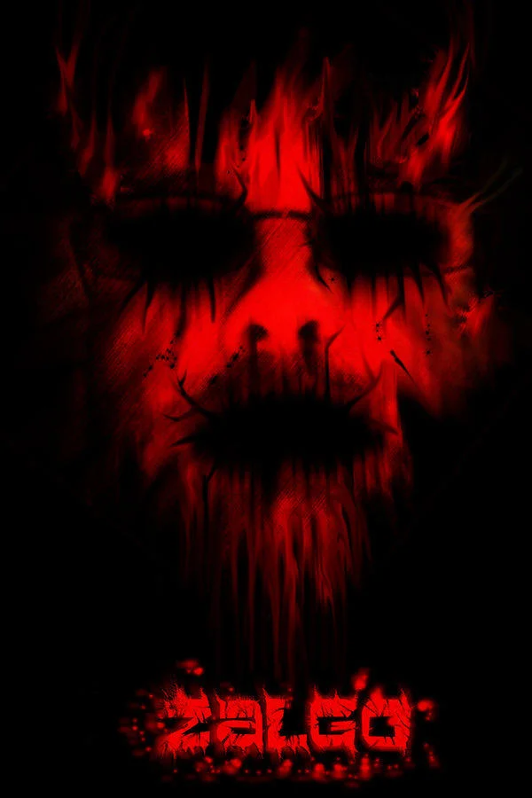 Dark red demonic face digital artwork with ZALGO text at the bottom