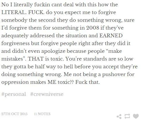 Zamii070 Harassment Controversy — Tumblr post criticizing immediate forgiveness, tagged crewniverse