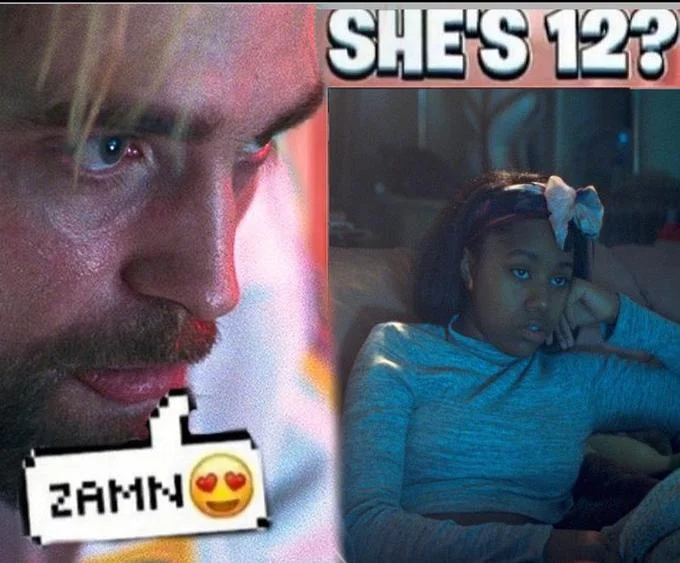 Zamn Shes 12 — Ryan Gosling Blade Runner close-up next to seated young girl with SHE'S 12? and ZAMN caption