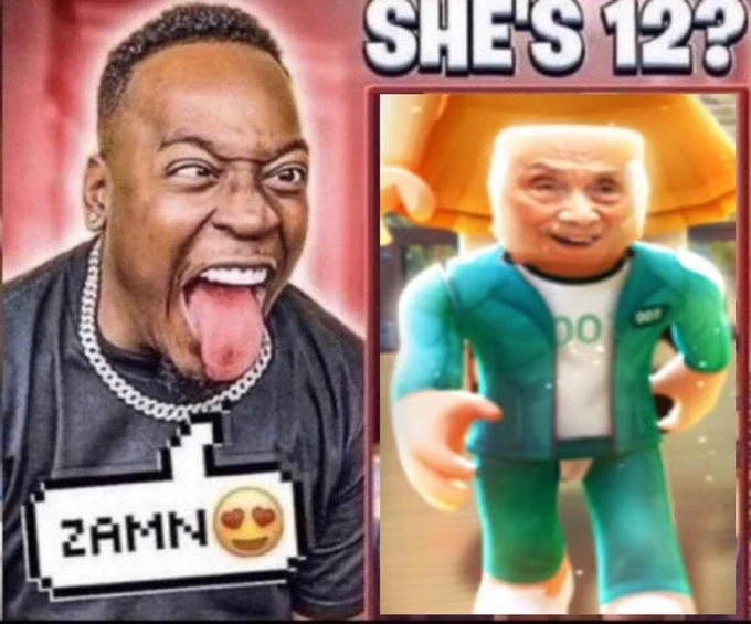 Zamn Shes 12 — Zamn reactor next to Squid Game Player 001 elderly man image with SHE'S 12? caption
