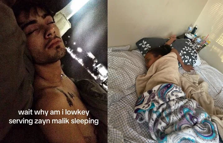 Side-by-side meme comparing Zayn Malik sleeping selfie with a person napping in bed