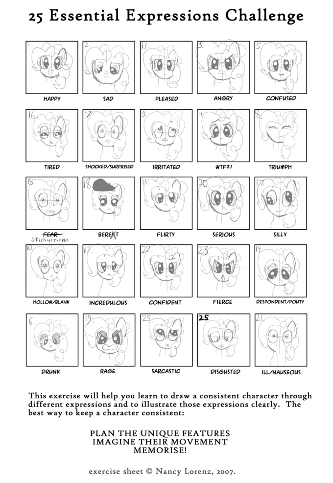 Zelda's Response — Nancy Lorenz 25 Essential Expressions Challenge art reference sheet with 25 labeled pony face drawings.