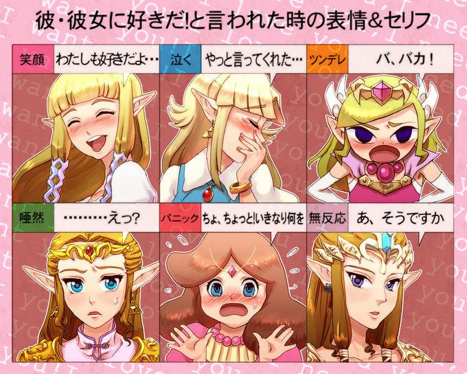 Zelda's Response — Original Japanese Zelda reaction chart with six princesses labeled with Japanese emotion categories.