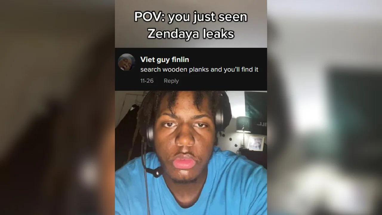 Zendaya Wooden Planks — TikTok meme showing POV text about Zendaya leaks, a comment telling viewers to search 'wooden planks,' and a shocked reaction selfie of