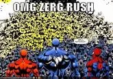 Comic book panel with massive crowd swarming heroes and 'OMG ZERG RUSH' text.