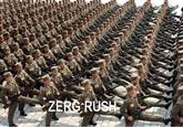 North Korean military parade with synchronized soldiers and 'ZERG RUSH' text.