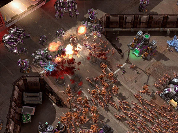 Zerg Rush — StarCraft II gameplay showing massive Zerg unit swarm flooding base with explosions.