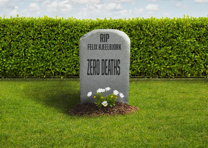 Gravestone reading RIP Felix Kjeelbjork Zero Deaths