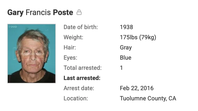 Zodiac Killer Gary Francis Poste — Profile card with mugshot photo and biographical information including birth year and arrest history.