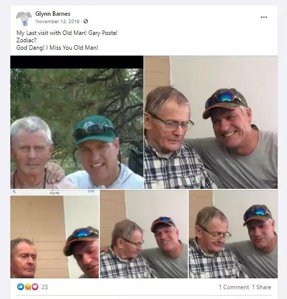 Zodiac Killer Gary Francis Poste — Social media post from 2018 with personal photographs expressing nostalgia about 'Old Man Gary Poste'.