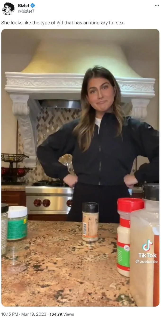 Zoe Barrie's Cooking Advice — Joke tweet showing a composite restaurant staff including Papa John, Zoe Barrie, and Scott Adams