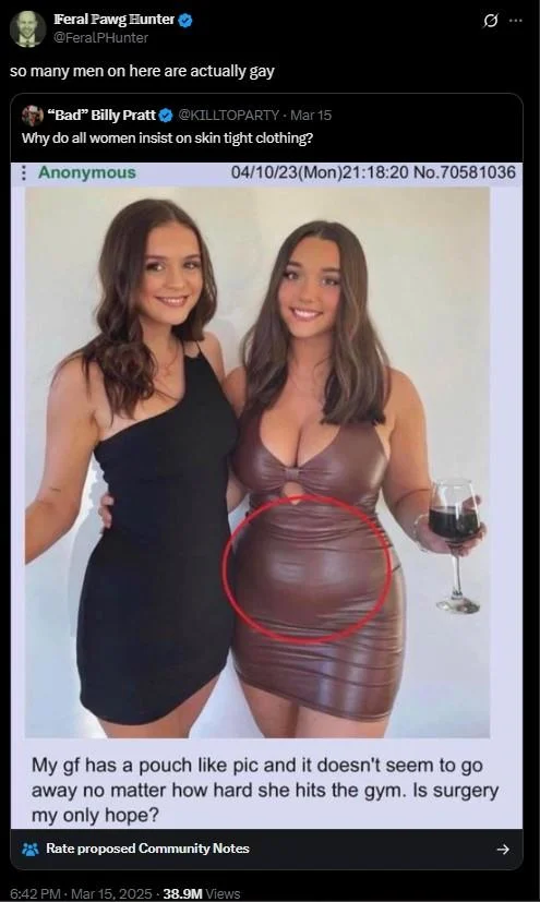 Zoe Kalotheos My Gf Has A Pouch Like Pic Post — Tweet by Billy Pratt sharing the 4chan pouch screenshot and criticizing skin-tight clothing.