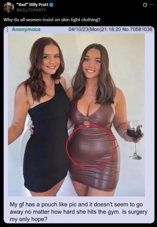 Zoe Kalotheos My Gf Has A Pouch Like Pic Post — 4chan screenshot circling the stomach in red with caption about a girlfriend's pouch not going away.