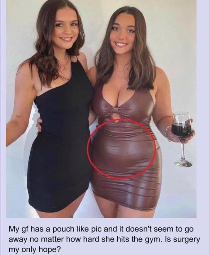 Zoe Kalotheos My Gf Has A Pouch Like Pic Post — Zoe Kalotheos wearing a brown leather dress holding wine, standing beside a friend in a black dress.