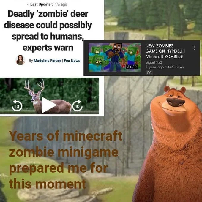 Zombie Deer Disease — Multi-panel collage comparing Minecraft zombie prep to real zombie deer outbreak.