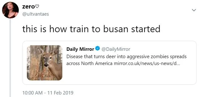 Twitter screenshot comparing zombie deer disease to Train to Busan movie.