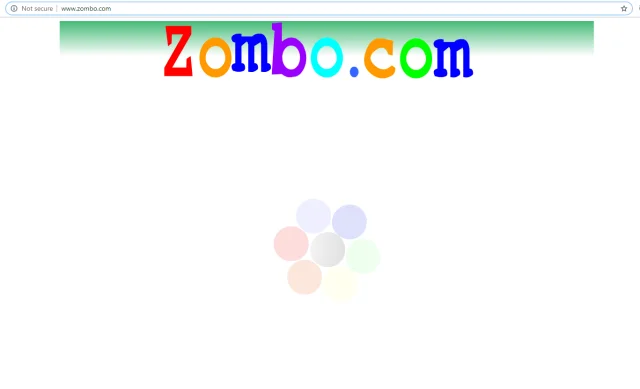 Browser screenshot of Zombo.com homepage with multicolored logo and loading circle.