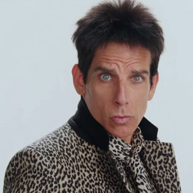 Ben Stiller as Derek Zoolander doing the Blue Steel pose in a leopard print jacket