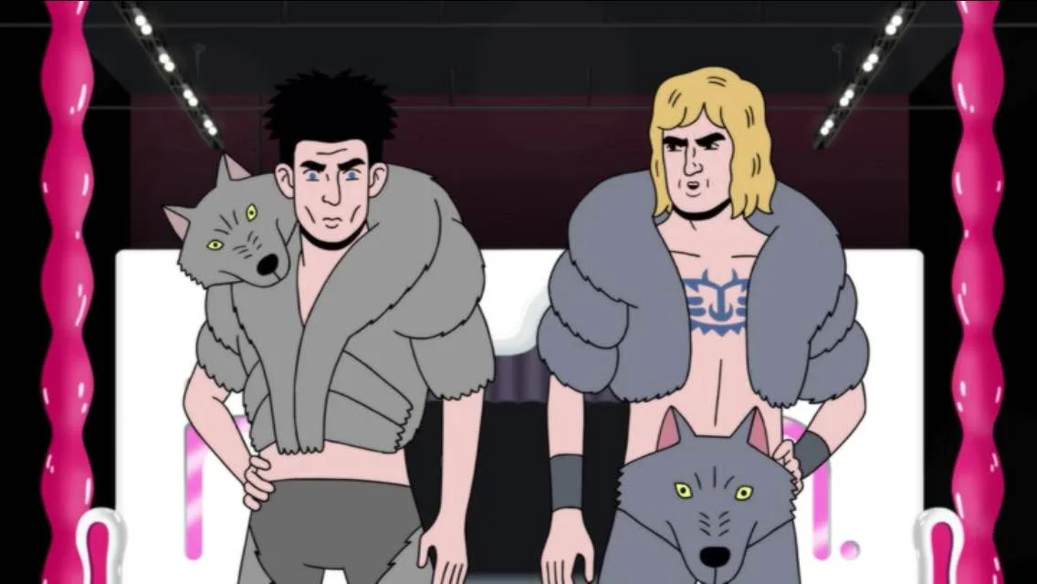 Cartoon illustration of Zoolander and Hansel on a runway in wolf-themed fur outfits