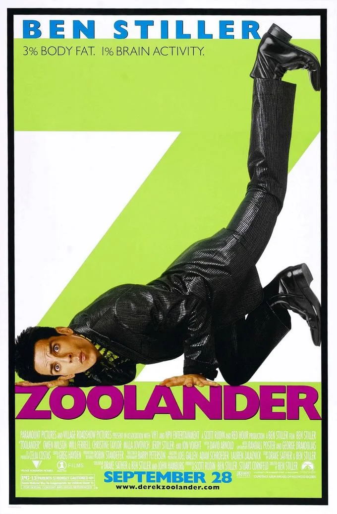 Zoolander 2001 movie poster featuring Ben Stiller in a shiny black outfit
