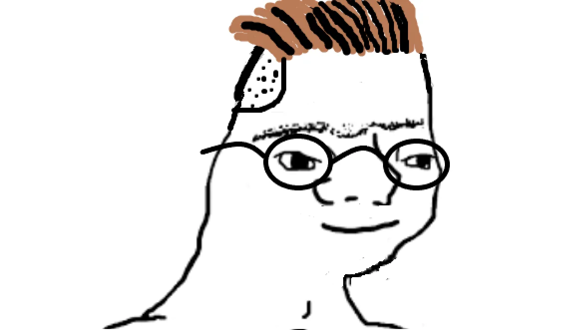 Definitive Zoomer Wojak with slicked-back hair, round glasses, and neutral smile.