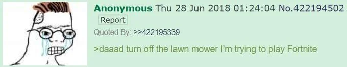4chan post with Zoomer character mocking Fortnite gaming obsession.
