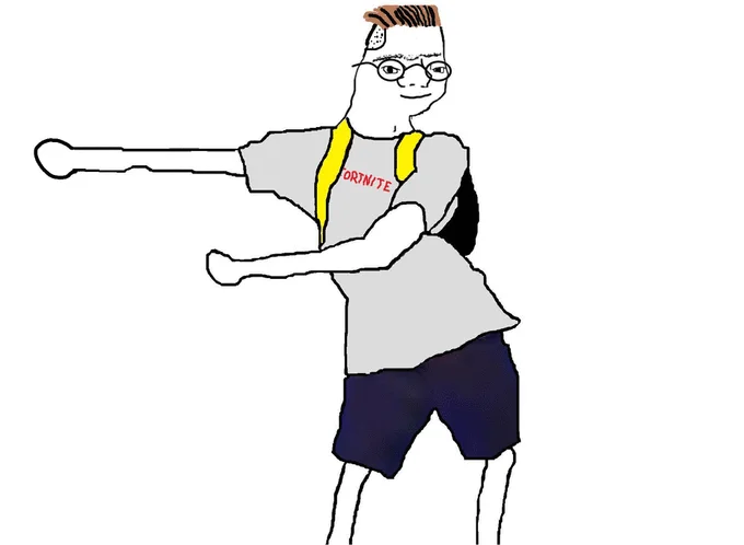 Zoomer Wojak in celebratory pose wearing grey and yellow striped vest.