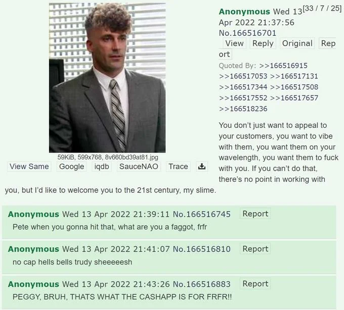 Zoomerification — Zoomerified businessman in suit paired with copypasta about vibing with customers on 4chan.
