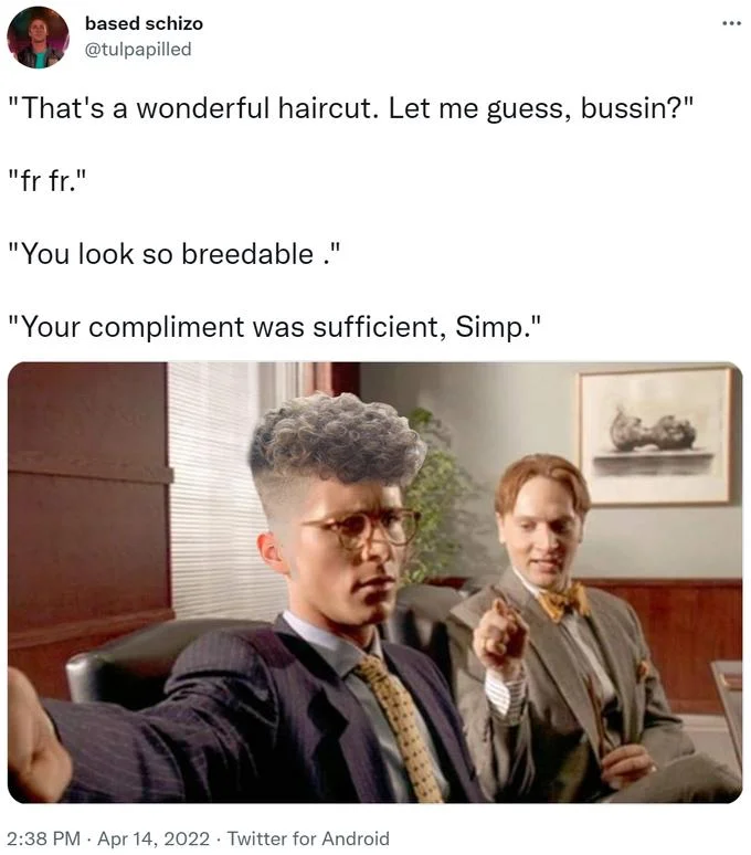 Zoomerification — Zoomerified Bruno Mars-style character in a suit and glasses used in a Twitter dialogue meme.