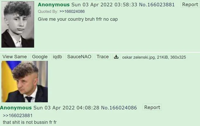 Zoomerification — Two zoomerified portraits including a Zelensky edit in a 4chan thread about zoomer haircuts.