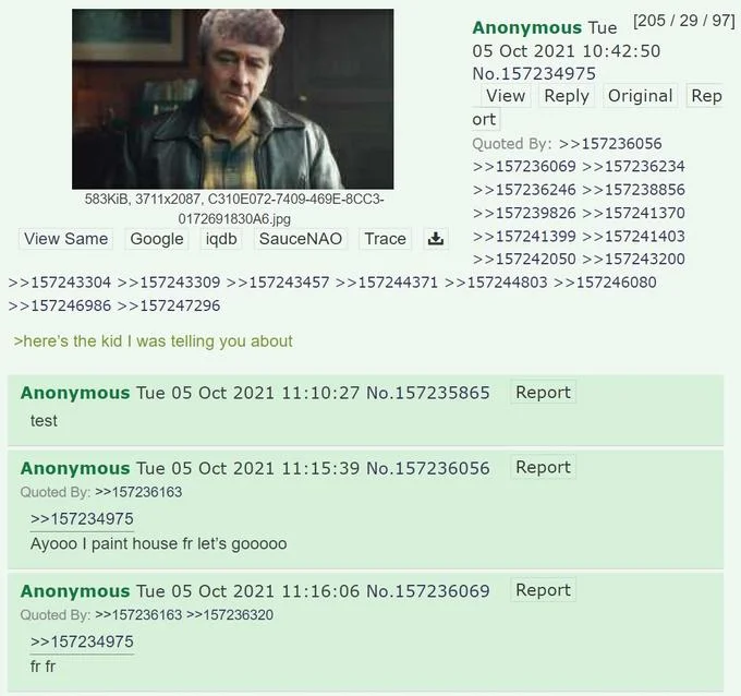 Zoomerification — 4chan thread with zoomerified movie character and slang-filled replies.