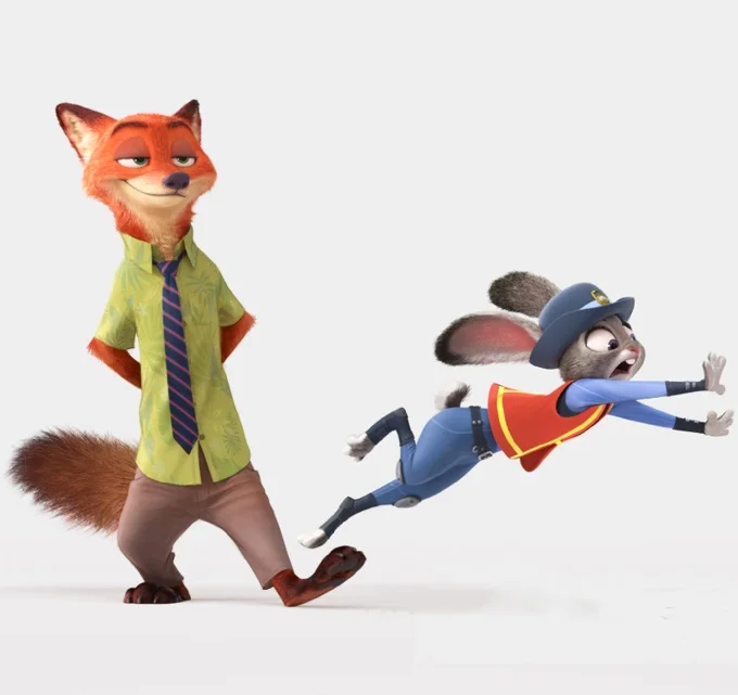 Nick Wilde the fox and Judy Hopps the rabbit from Zootopia in a promotional pose.