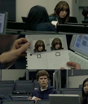 Three-panel Zuckerberg Note Pass with face doodles on the note instead of text.