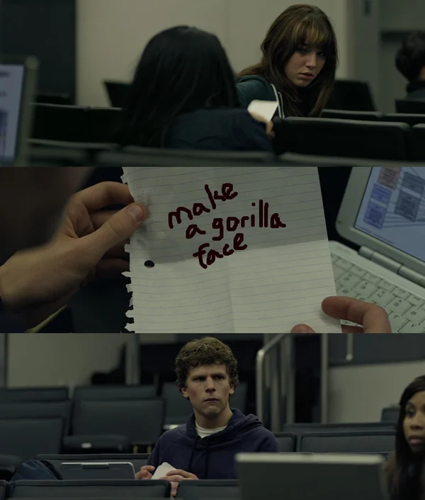 Zuckerberg Note Pass — Classic three-panel meme with girl passing note saying 'make a gorilla face' to confused Zuckerberg.