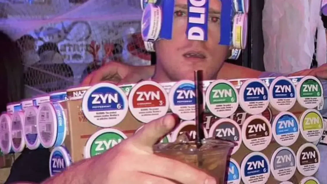 Social media clip showing numerous Zyn pouches in various colors and flavors.